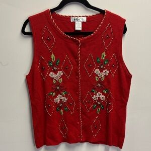 Vintage Kikit Red Embroidered and embellished Christmas Vest/ Size Large